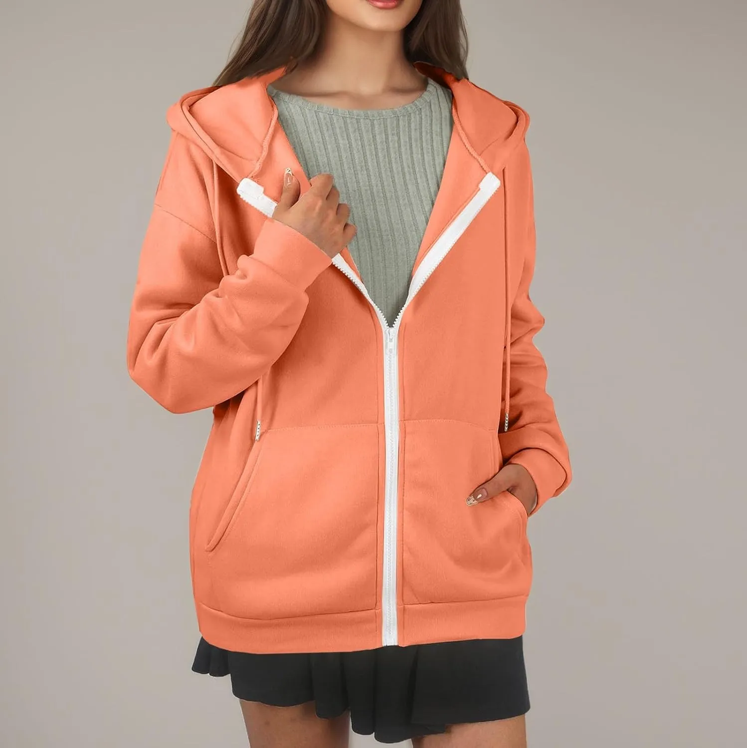 Oversized Hoodies for Women Zip Up Lightweight Long Sleeve Jackets Drawstring Y2K Sweatshirt Kangaroo Pocket