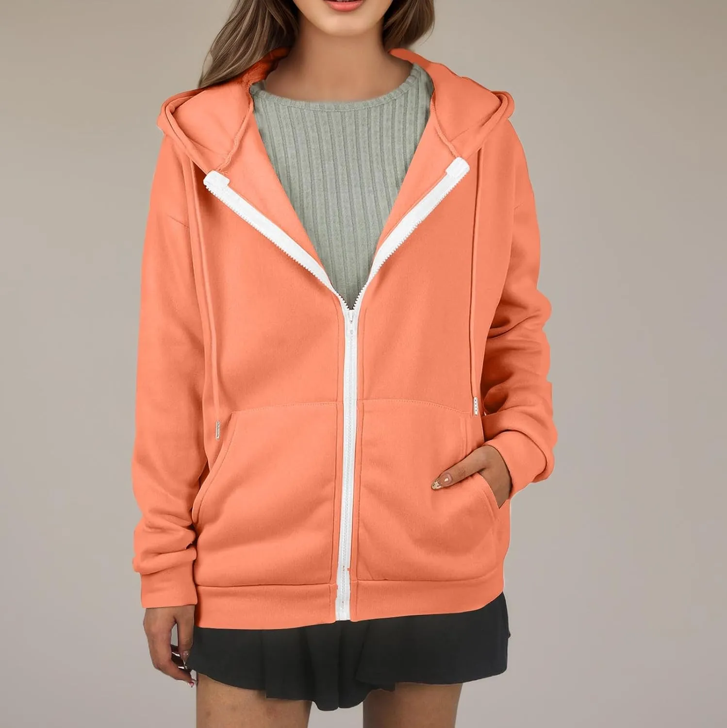 Oversized Hoodies for Women Zip Up Lightweight Long Sleeve Jackets Drawstring Y2K Sweatshirt Kangaroo Pocket