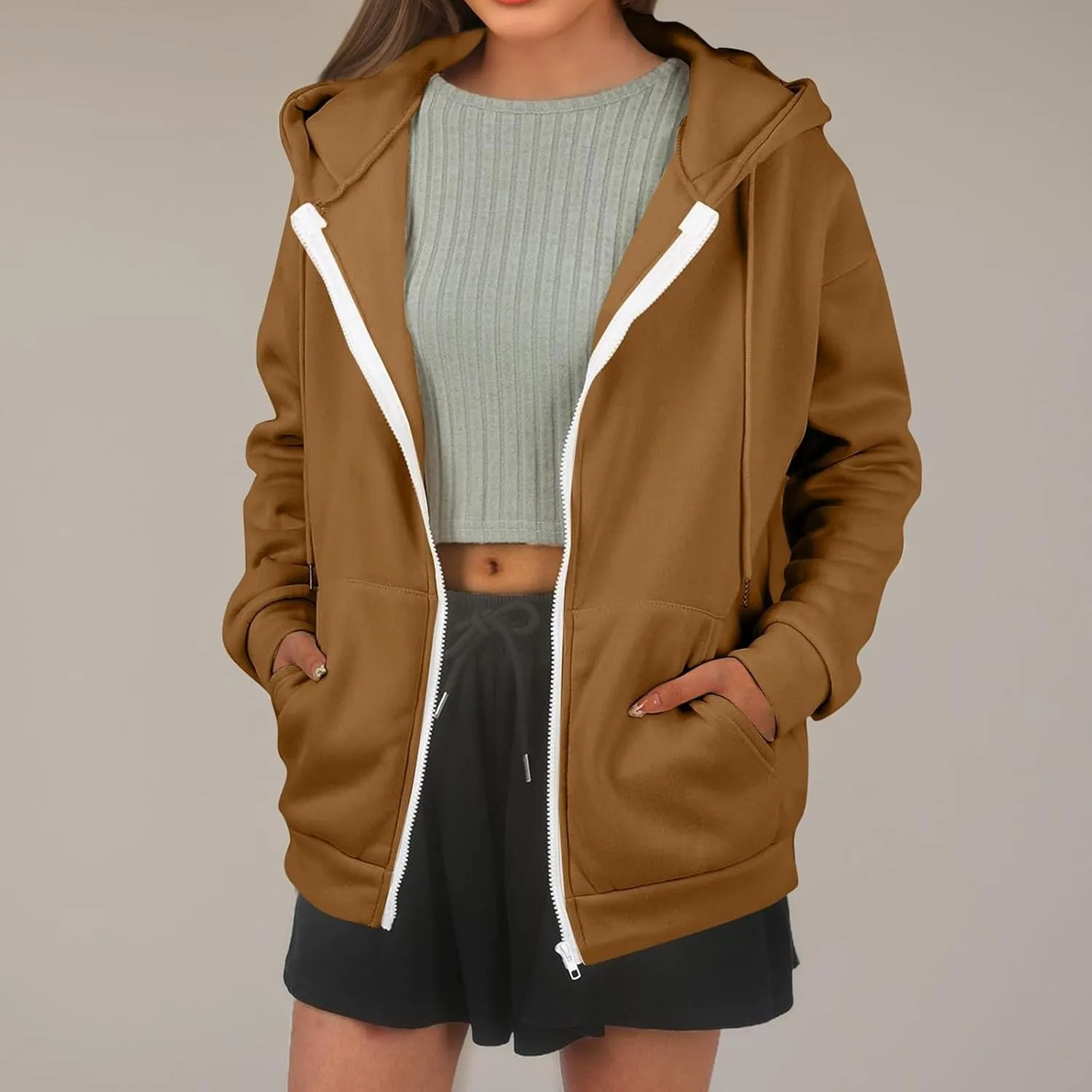 Oversized Hoodies for Women Zip Up Lightweight Long Sleeve Jackets Drawstring Y2K Sweatshirt Kangaroo Pocket