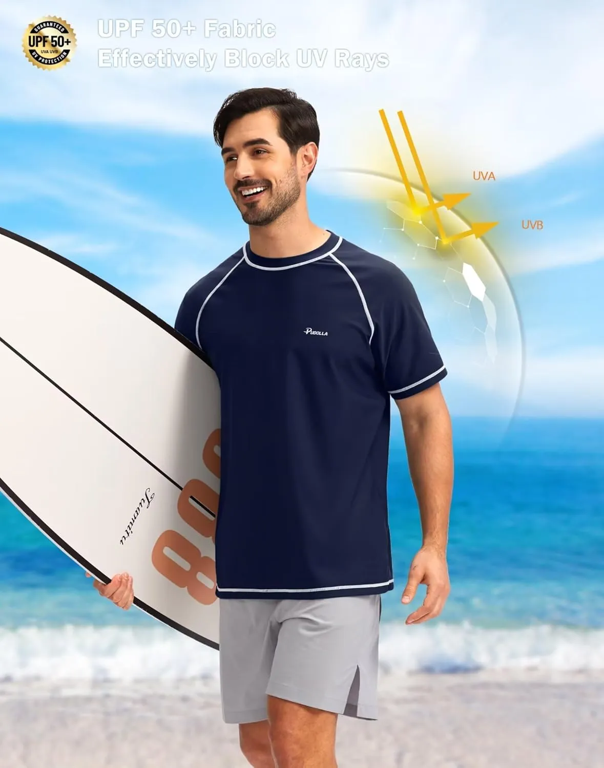 Pudolla Men's Swim Shirts Rash Guard Shirts for Men UPF 50  Sun Protection T-Shirts Quick Dry Beach Surf Water Shirt