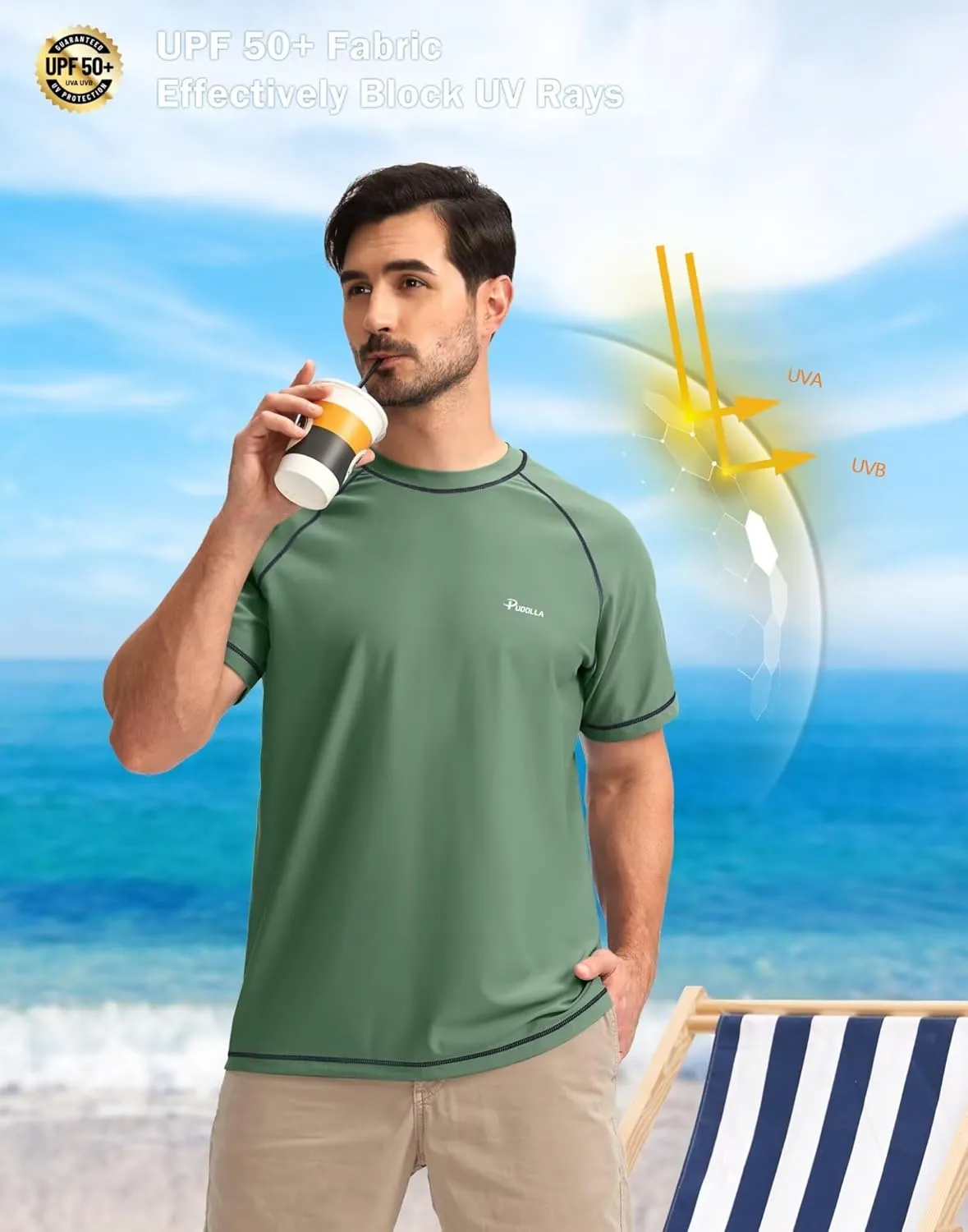 Pudolla Men's Swim Shirts Rash Guard Shirts for Men UPF 50  Sun Protection T-Shirts Quick Dry Beach Surf Water Shirt
