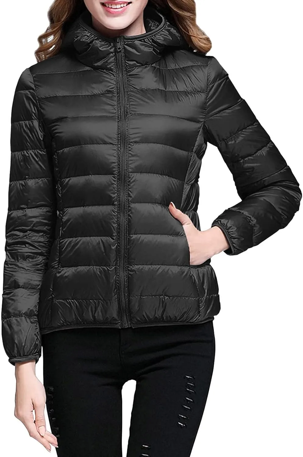 Puffer Jacket Womens with Hood Winter Warm Packable Bubble Jacket Lightweight Slim Fit Short Duck Down Coat