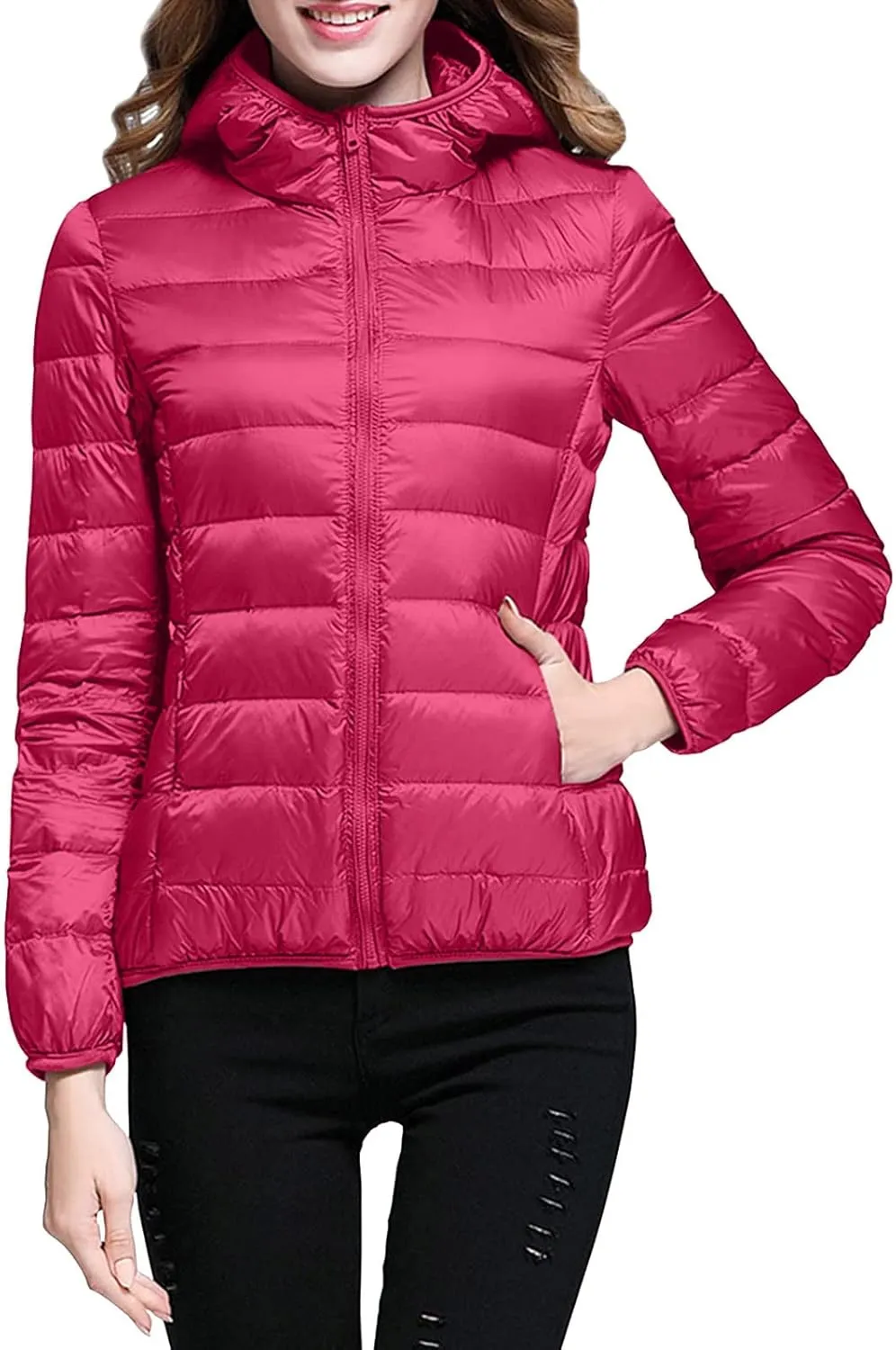 Puffer Jacket Womens with Hood Winter Warm Packable Bubble Jacket Lightweight Slim Fit Short Duck Down Coat
