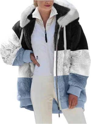 SEAOPEN Fuzzy Fleece Jacket Women Full Zip Plush Hooded Jackets Fashion Color Block Sherpa Jacket Winter Coats Outerwear