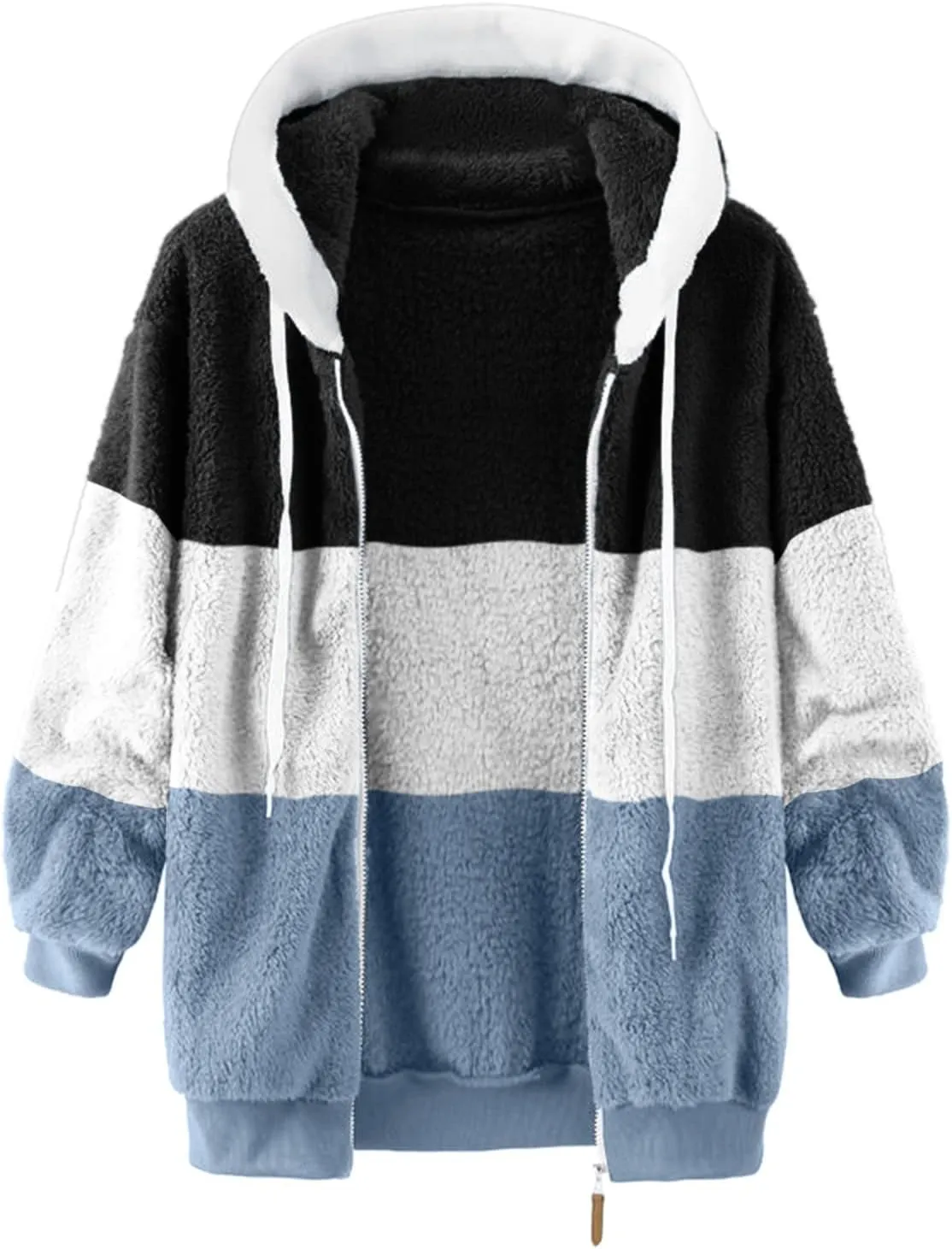 SEAOPEN Fuzzy Fleece Jacket Women Full Zip Plush Hooded Jackets Fashion Color Block Sherpa Jacket Winter Coats Outerwear