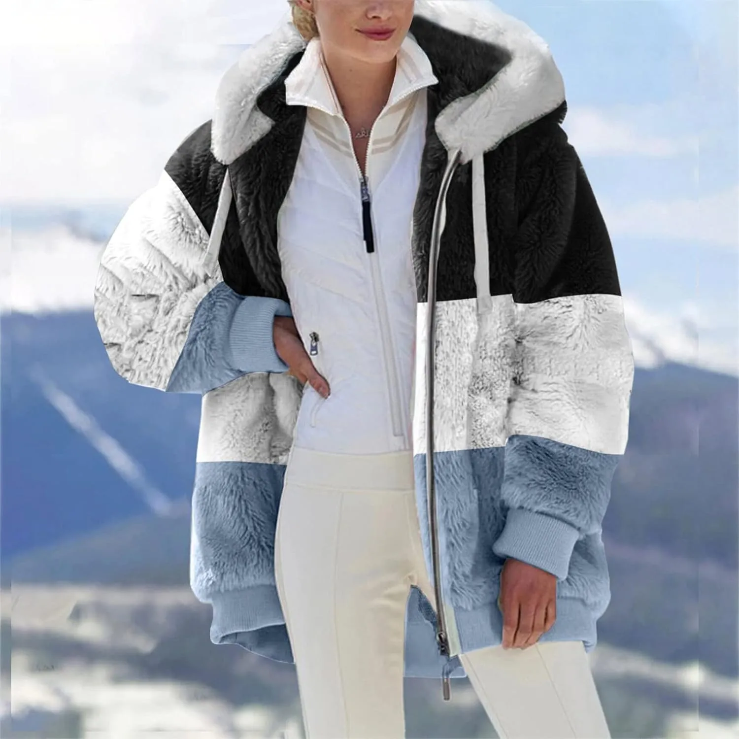 SEAOPEN Fuzzy Fleece Jacket Women Full Zip Plush Hooded Jackets Fashion Color Block Sherpa Jacket Winter Coats Outerwear