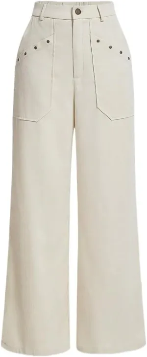 SECOLI Women's Straight Wide Leg Trousers Pants Apricot Button Wide Leg Pants