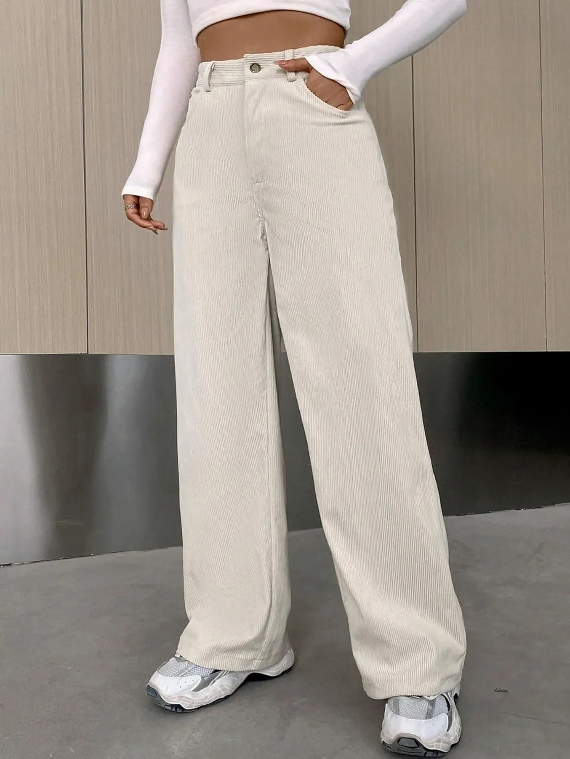 SECOLI Women's Straight Wide Leg Trousers Pants Apricot Wide Leg Pants