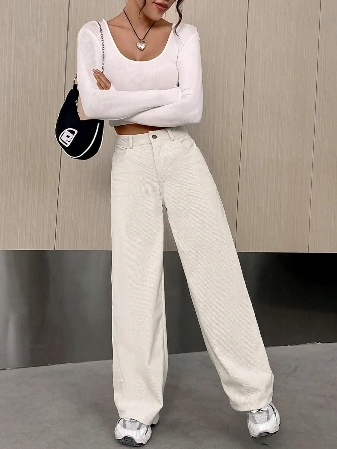 SECOLI Women's Straight Wide Leg Trousers Pants Apricot Wide Leg Pants