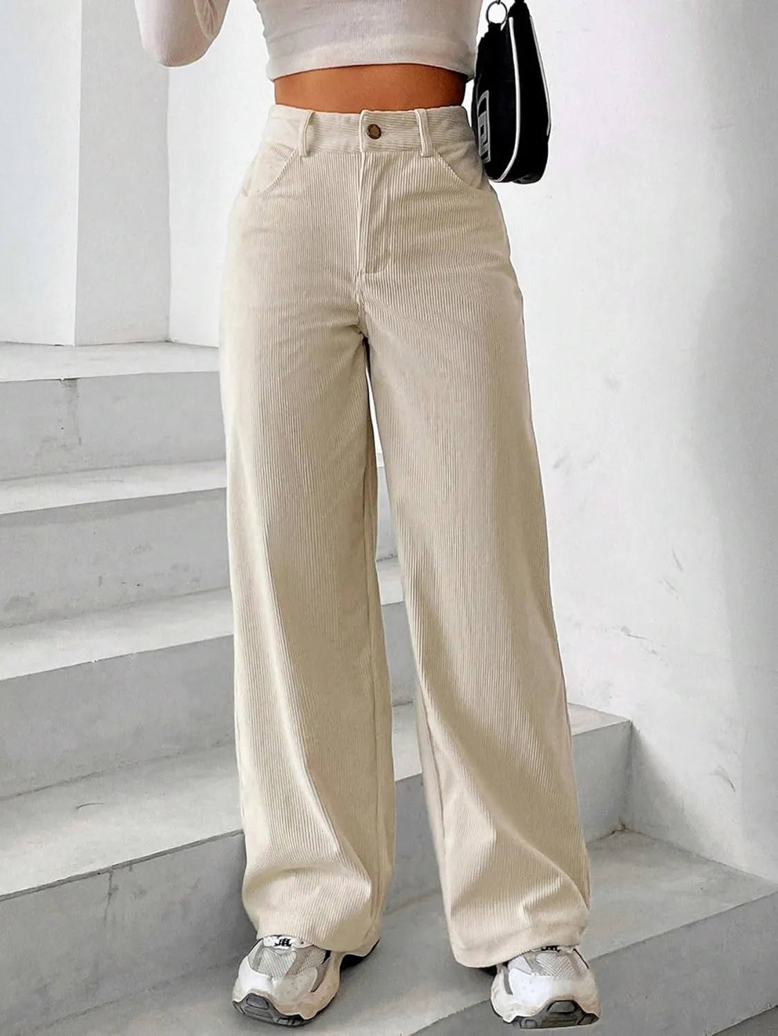 SECOLI Women's Straight Wide Leg Trousers Pants Apricot Wide Leg Pants
