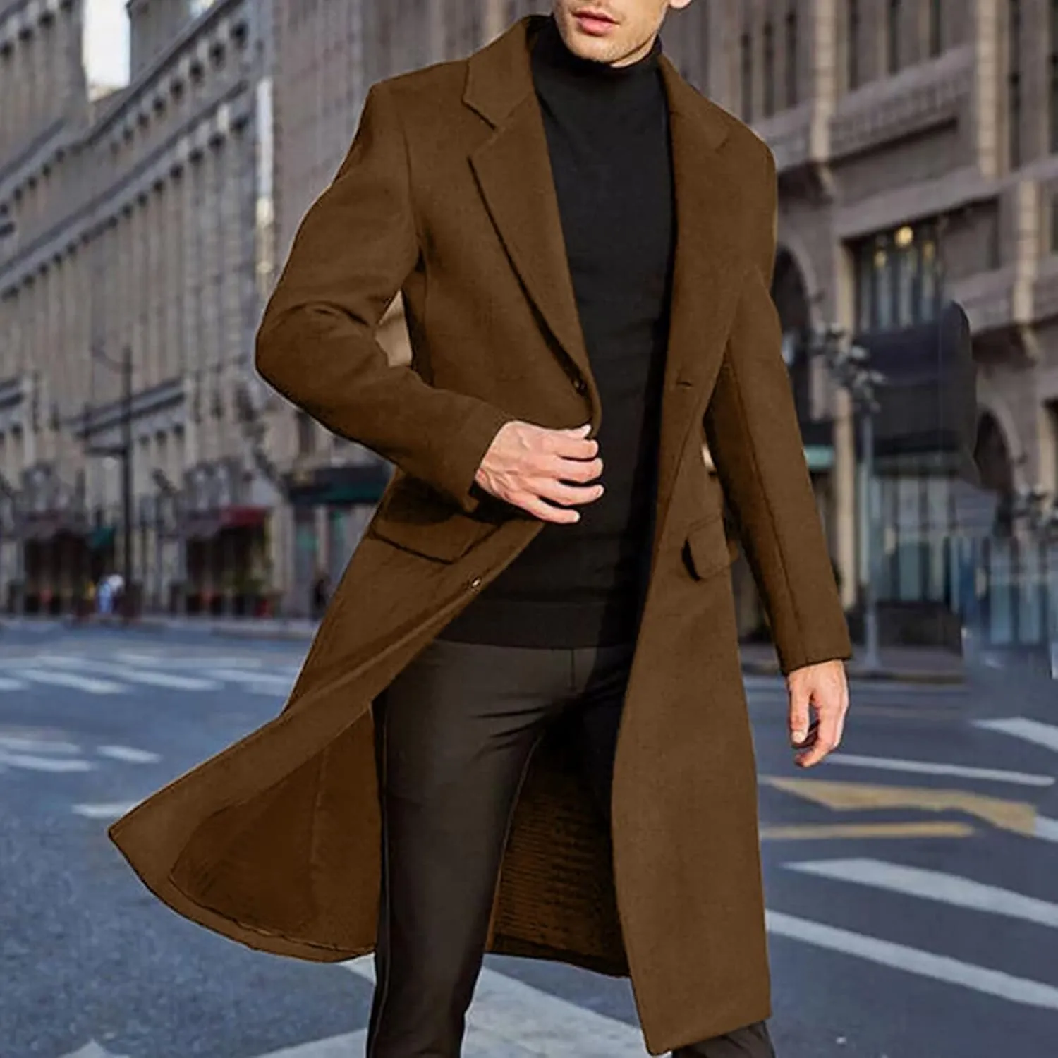 Slim Fit Trench Coat for Men Notched Collar Single Breasted Jacket with Pocket Winter Pea Coat Lightweight Casual Coat