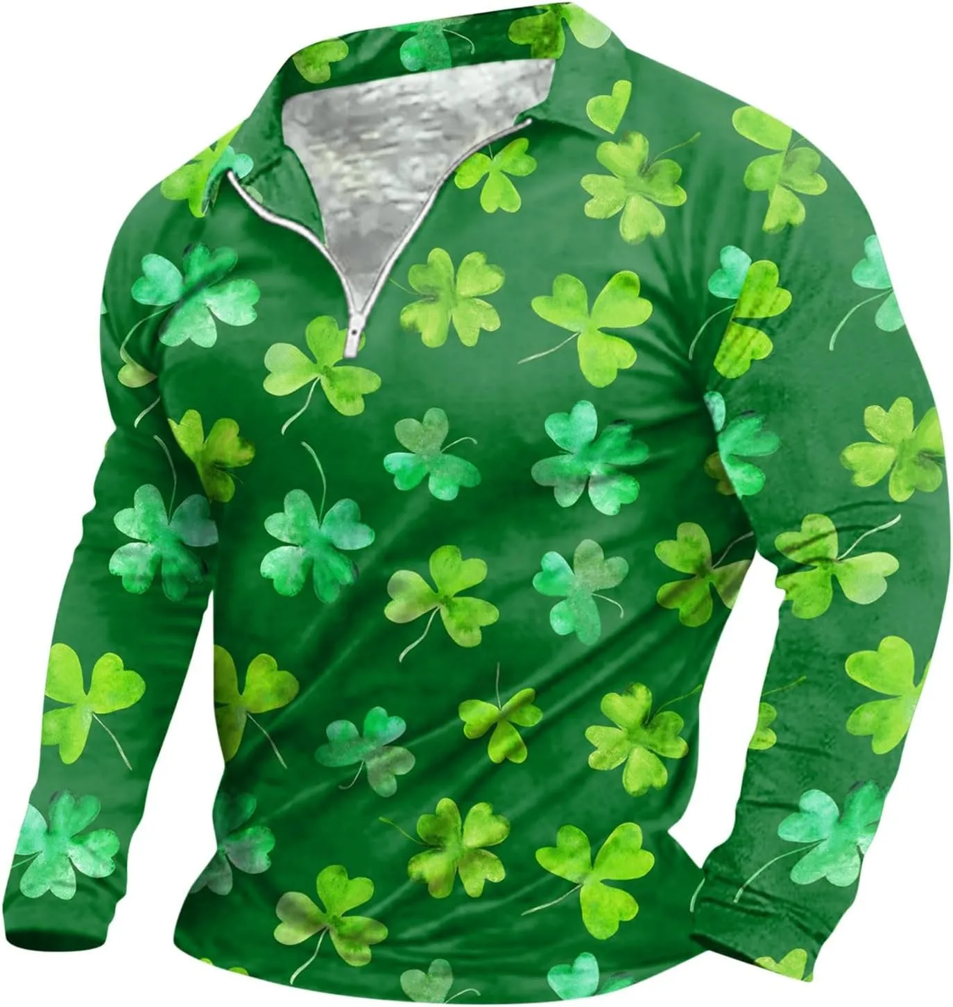 St. Patrick's Day Golf Polo Shirts for Men Funny Irish Green Shamrock Clover Printed Long Sleeve Casual 1/4 Zip Collared Tops