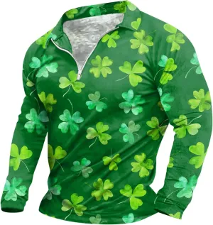 St. Patrick's Day Golf Polo Shirts for Men Funny Irish Green Shamrock Clover Printed Long Sleeve Casual 1/4 Zip Collared Tops