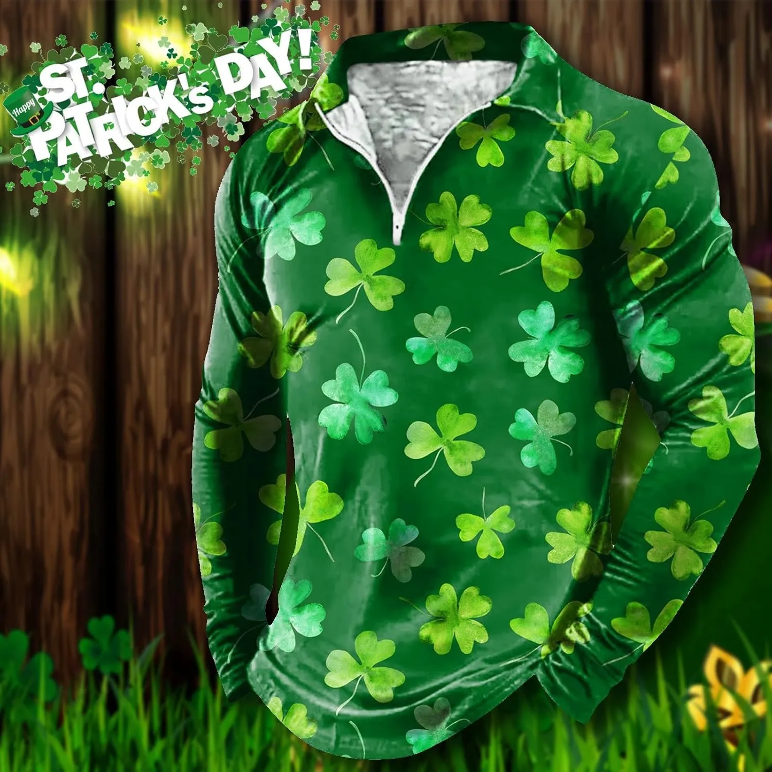 St. Patrick's Day Golf Polo Shirts for Men Funny Irish Green Shamrock Clover Printed Long Sleeve Casual 1/4 Zip Collared Tops