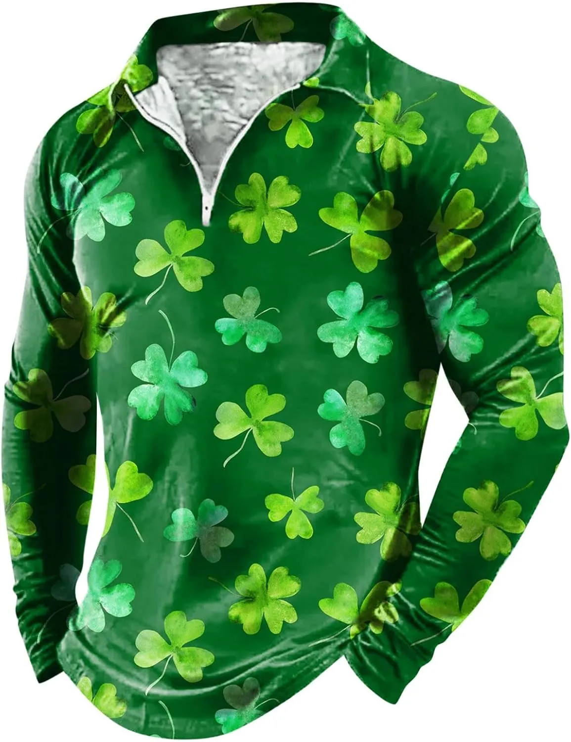 St. Patrick's Day Golf Polo Shirts for Men Funny Irish Green Shamrock Clover Printed Long Sleeve Casual 1/4 Zip Collared Tops