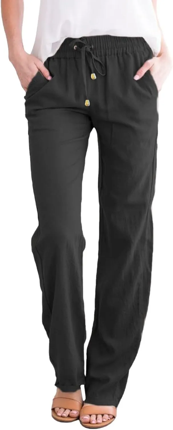 Straight Leg Linen Pants Women Summer Boho Pants Lightweight Loose Cotton Pants High Waisted Lounge Pants Trousers