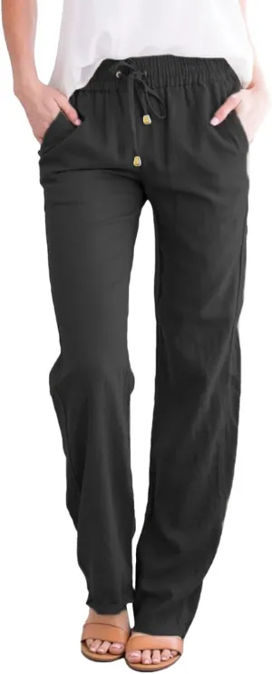 Straight Leg Linen Pants Women Summer Boho Pants Lightweight Loose Cotton Pants High Waisted Lounge Pants Trousers