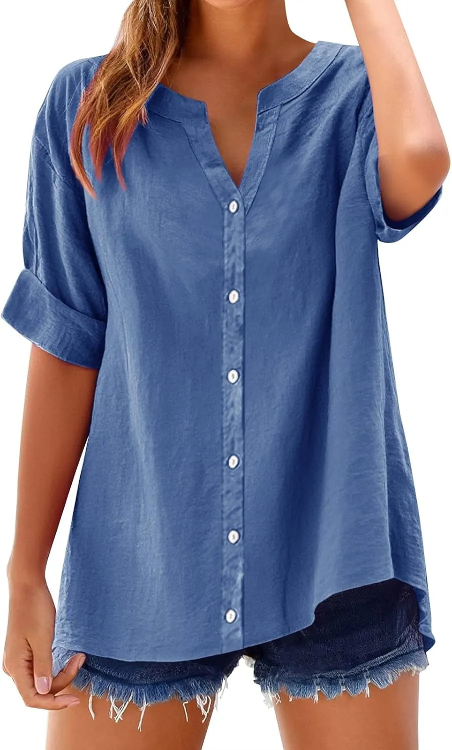 Summer Shirts for Women 2025 Linen Work Tops Trendy Button Down Henley V Neck Shirt Solid Casual Blouses Daily Clothes
