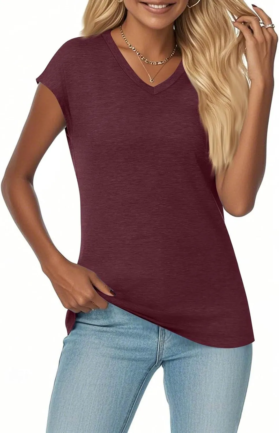 Summer Womens Tops 2025 Casual Short Sleeve V Neck T Shirts Comfy Basic Tees Blouses Loose Fit T-Shirts