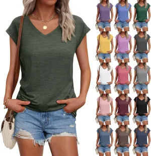 Summer Womens Tops 2025 Casual Short Sleeve V Neck T Shirts Comfy Basic Tees Blouses Loose Fit T-Shirts