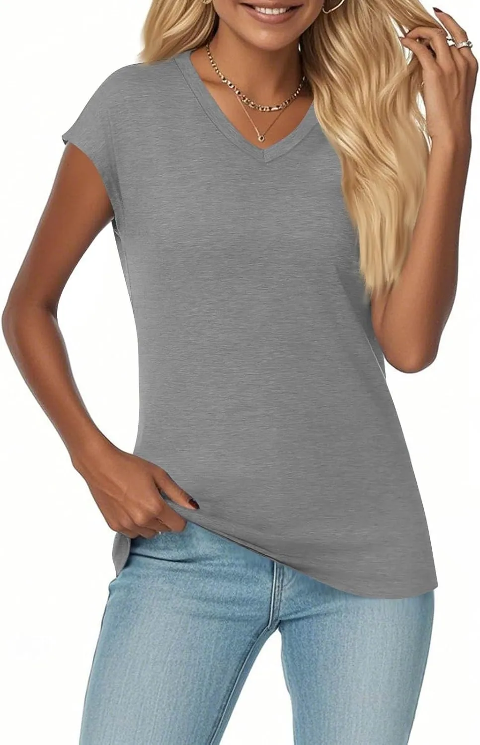 Summer Womens Tops 2025 Casual Short Sleeve V Neck T Shirts Comfy Basic Tees Blouses Loose Fit T-Shirts