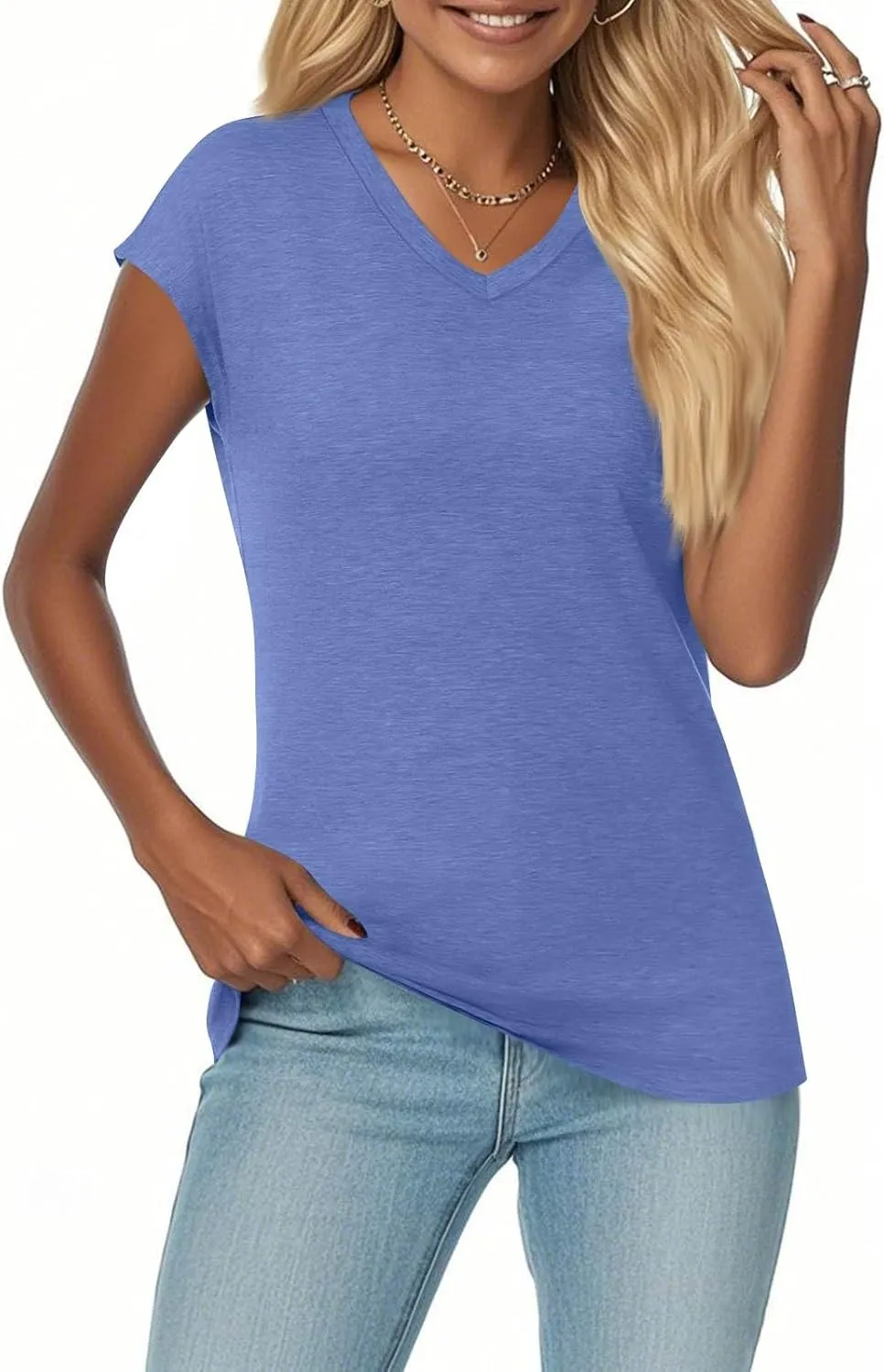 Summer Womens Tops 2025 Casual Short Sleeve V Neck T Shirts Comfy Basic Tees Blouses Loose Fit T-Shirts
