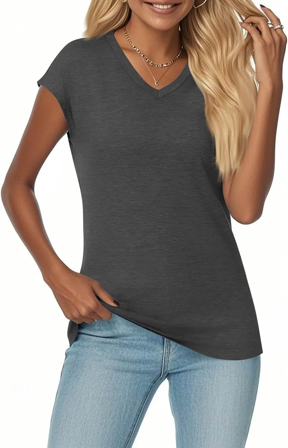 Summer Womens Tops 2025 Casual Short Sleeve V Neck T Shirts Comfy Basic Tees Blouses Loose Fit T-Shirts