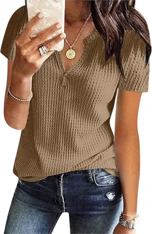 T Shirts for Women Fashion Waffle Short Sleeve V Neck Henley Shirts Casual Loose Fit T-Shirts Basic Tee Summer Tops