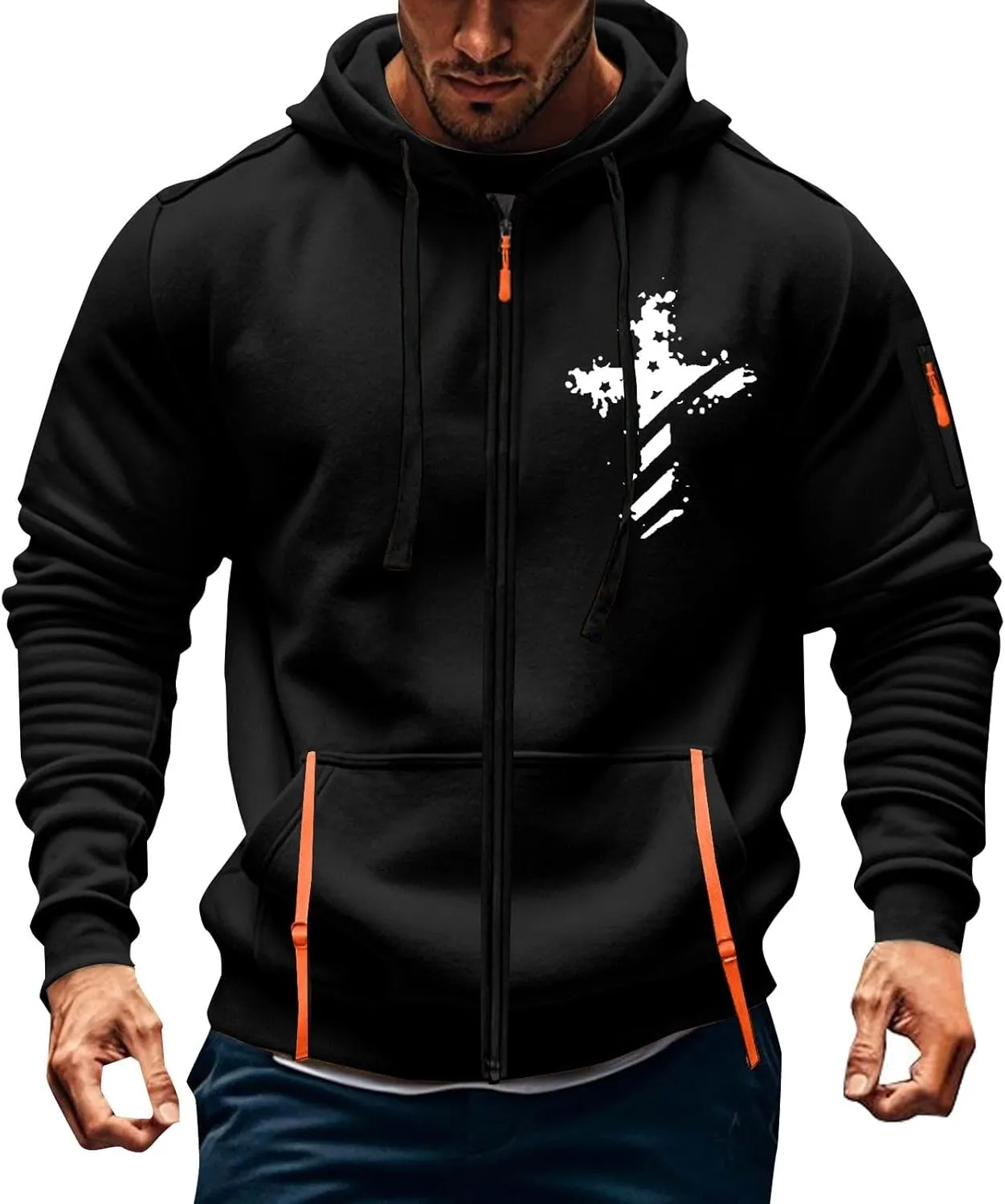 Tactical Hoodies for Men Lightweight Graphic Full Zip Workout Hoodies Long Sleeve Multi-Pockets Winter Sweatshirts