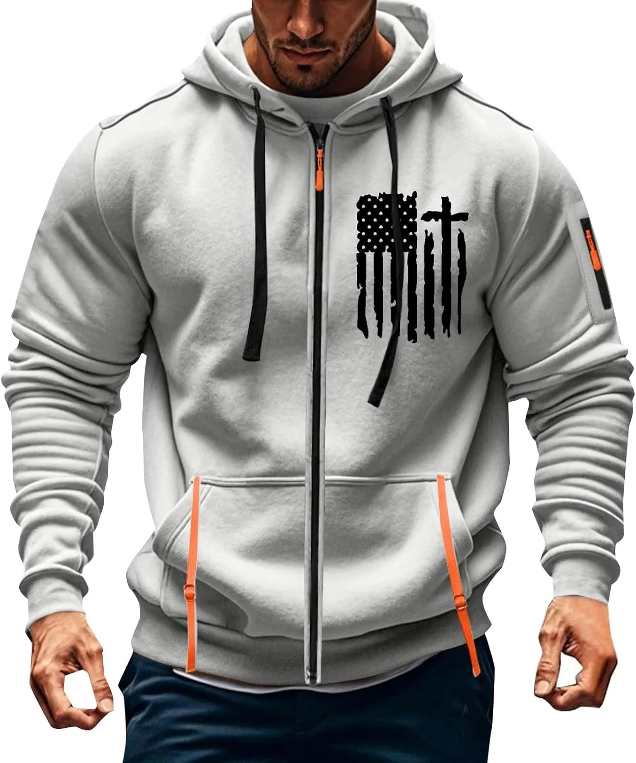 Tactical Hoodies for Men Lightweight Graphic Full Zip Workout Hoodies Long Sleeve Multi-Pockets Winter Sweatshirts