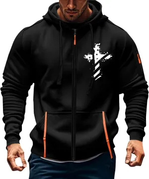 Tactical Hoodies for Men Lightweight Graphic Full Zip Workout Hoodies Long Sleeve Multi-Pockets Winter Sweatshirts