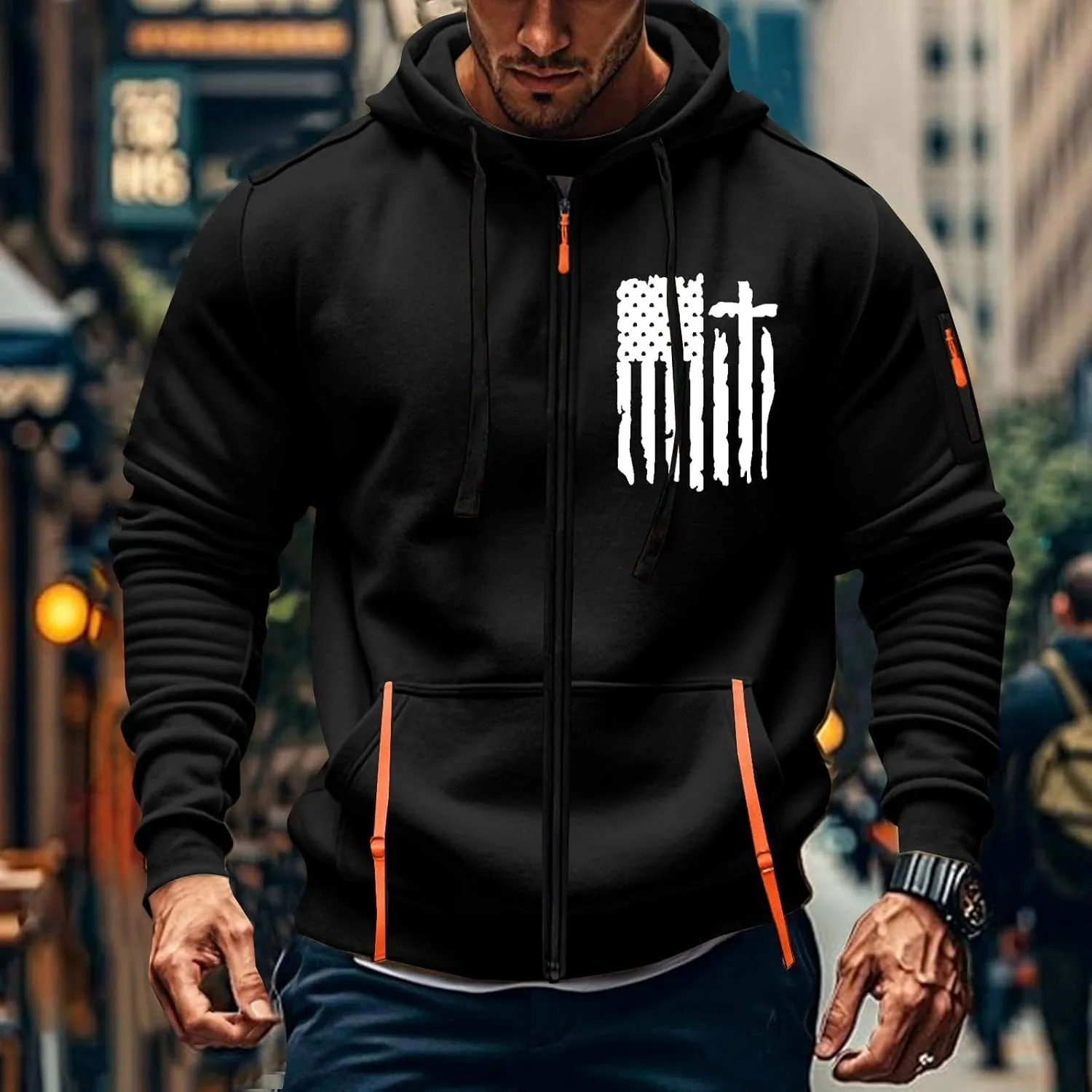 Tactical Hoodies for Men Lightweight Graphic Full Zip Workout Hoodies Long Sleeve Multi-Pockets Winter Sweatshirts
