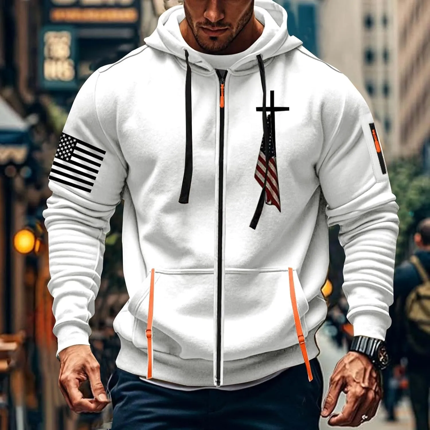 Tactical Hoodies for Men Lightweight Graphic Full Zip Workout Hoodies Long Sleeve Multi-Pockets Winter Sweatshirts