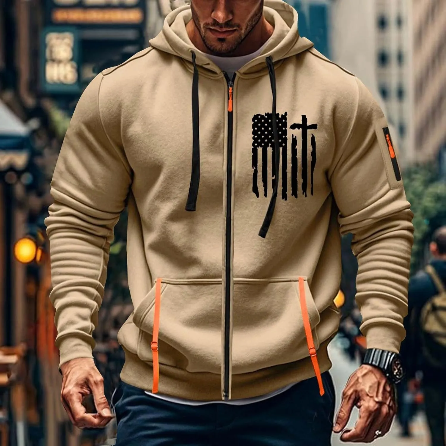 Tactical Hoodies for Men Lightweight Graphic Full Zip Workout Hoodies Long Sleeve Multi-Pockets Winter Sweatshirts
