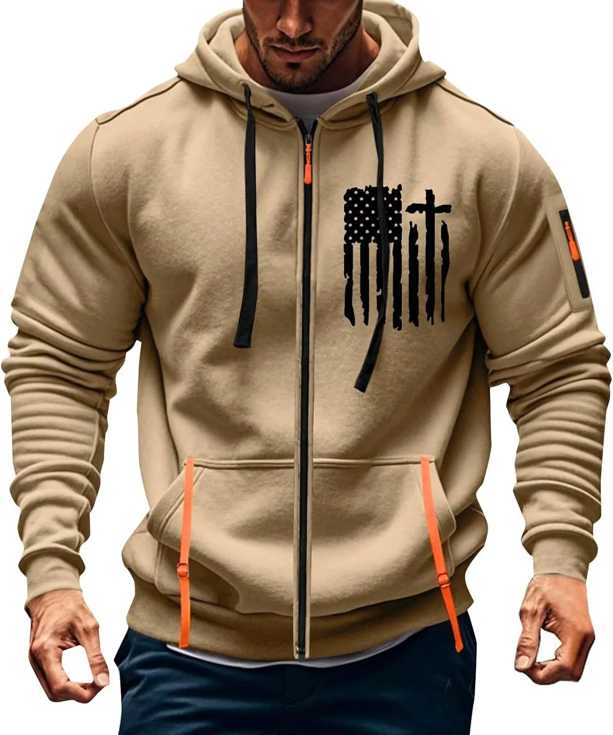 Tactical Hoodies for Men Lightweight Graphic Full Zip Workout Hoodies Long Sleeve Multi-Pockets Winter Sweatshirts