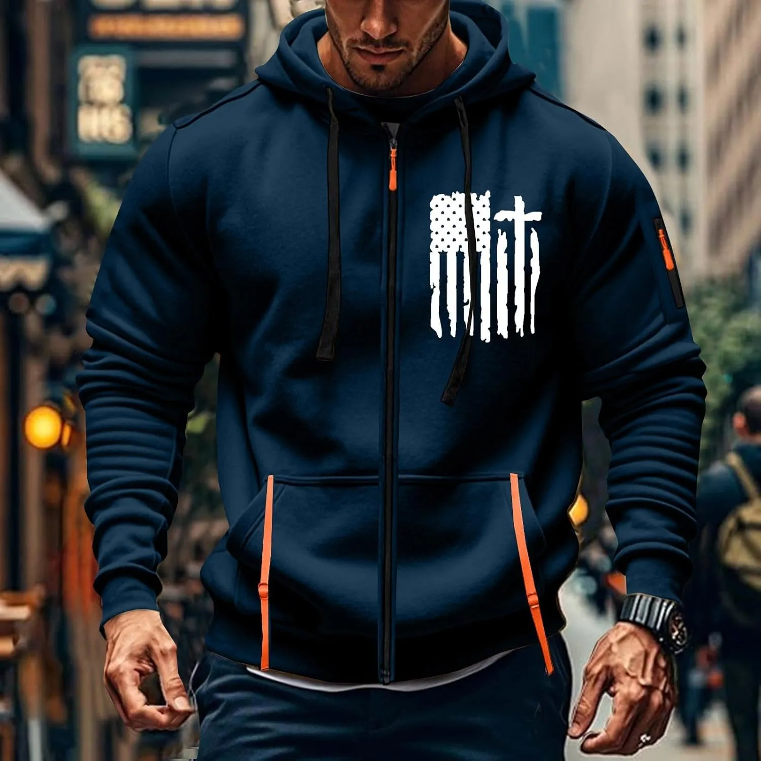 Tactical Hoodies for Men Lightweight Graphic Full Zip Workout Hoodies Long Sleeve Multi-Pockets Winter Sweatshirts