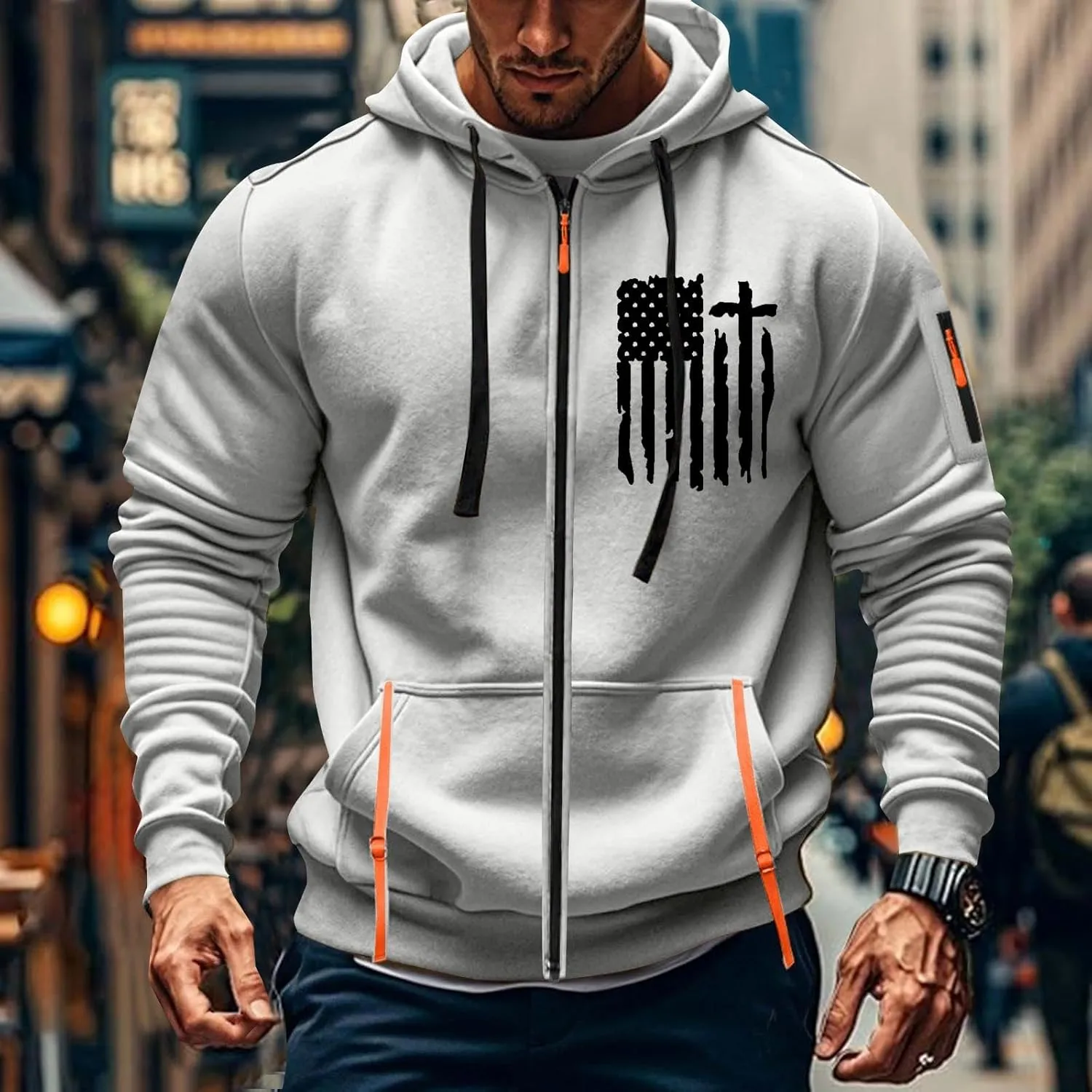 Tactical Hoodies for Men Lightweight Graphic Full Zip Workout Hoodies Long Sleeve Multi-Pockets Winter Sweatshirts