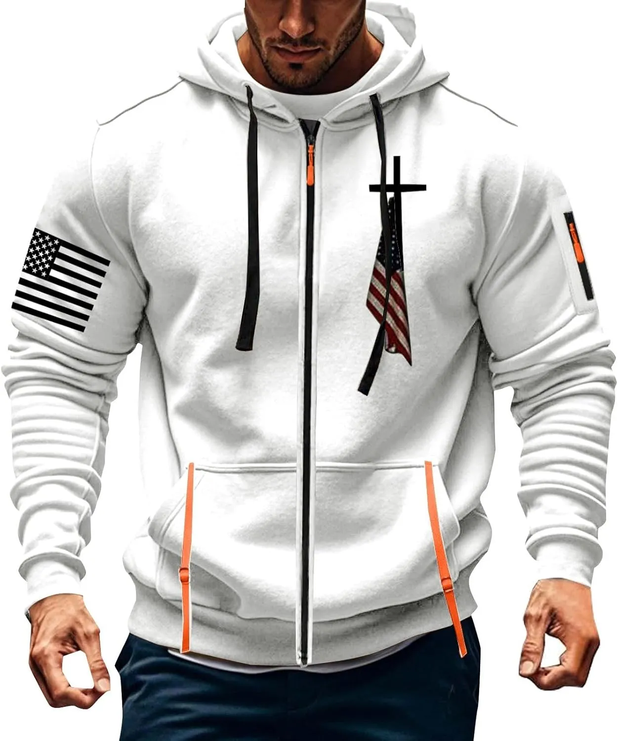 Tactical Hoodies for Men Lightweight Graphic Full Zip Workout Hoodies Long Sleeve Multi-Pockets Winter Sweatshirts