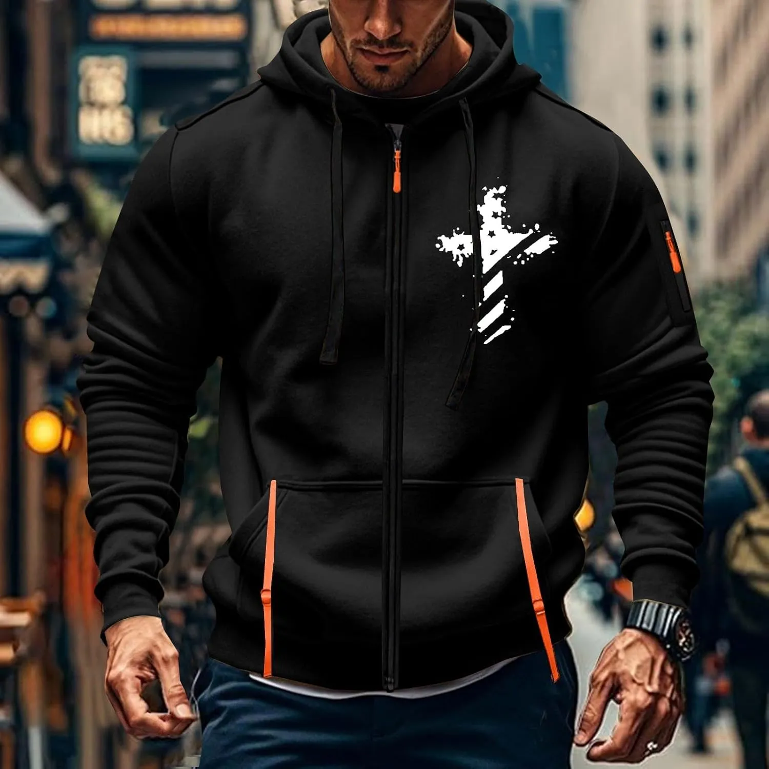 Tactical Hoodies for Men Lightweight Graphic Full Zip Workout Hoodies Long Sleeve Multi-Pockets Winter Sweatshirts