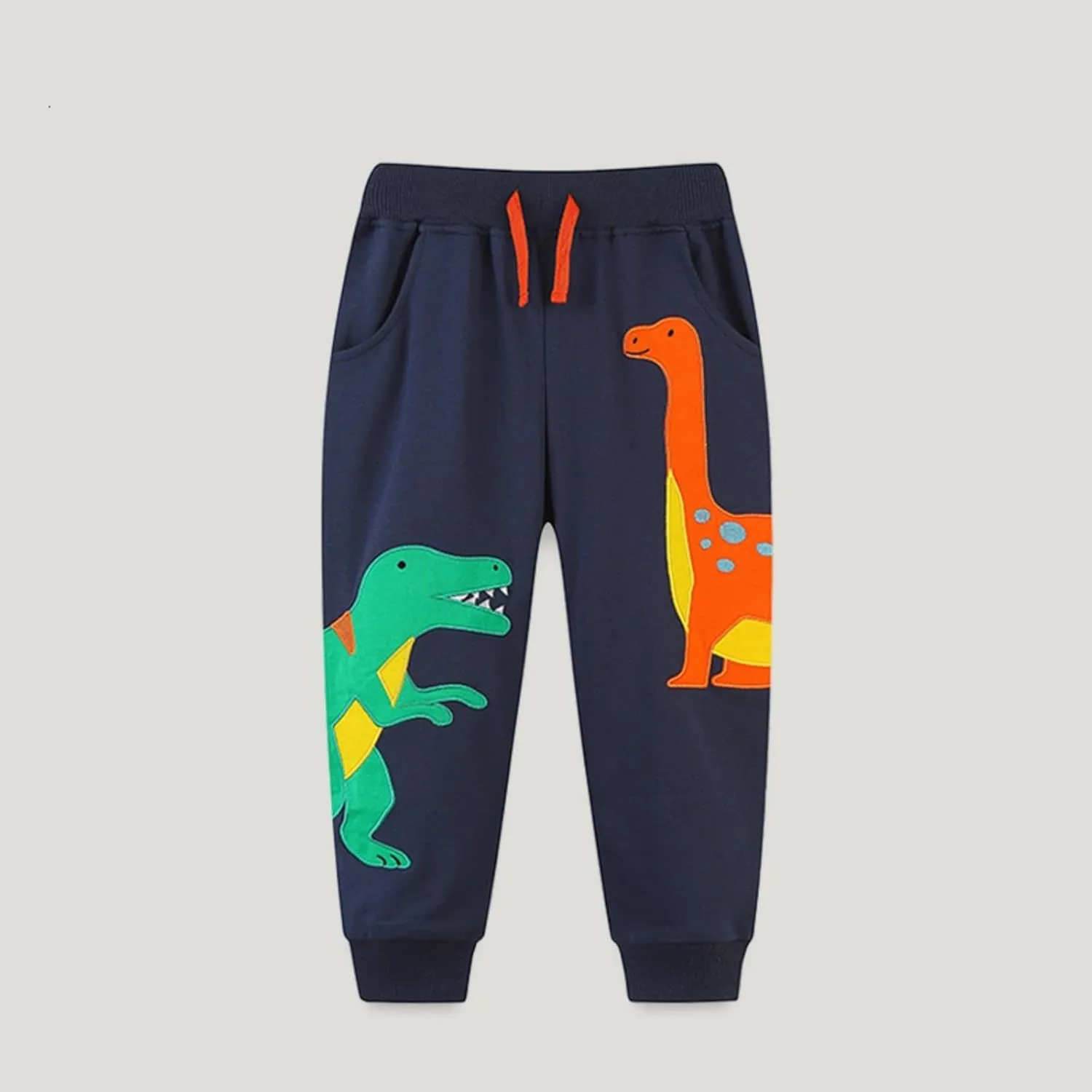 Toddler Baby Boys Sweatpants Kids Funny Dinosaur Embroidered Pull On Jogger Pants Elastic Waist Trouser with Pockets