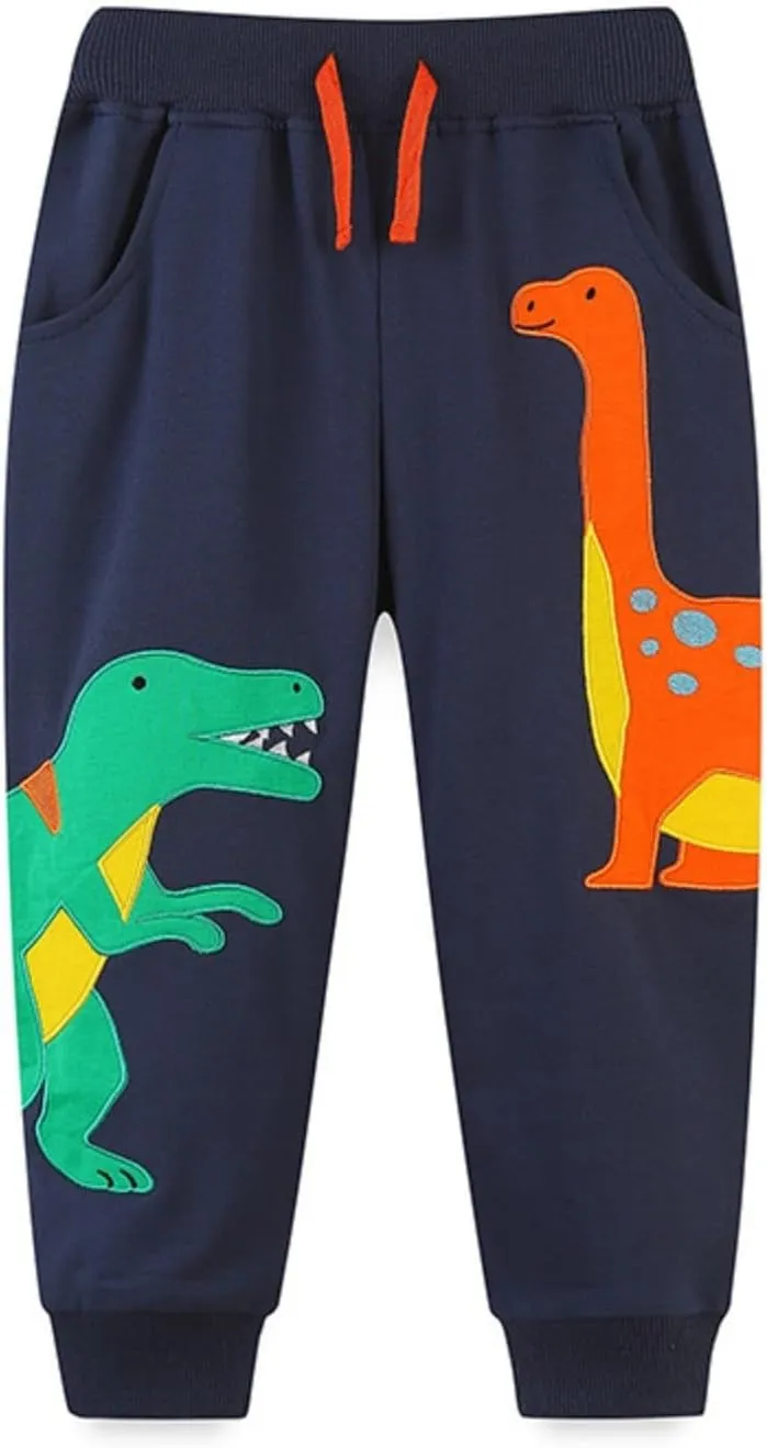 Toddler Baby Boys Sweatpants Kids Funny Dinosaur Embroidered Pull On Jogger Pants Elastic Waist Trouser with Pockets