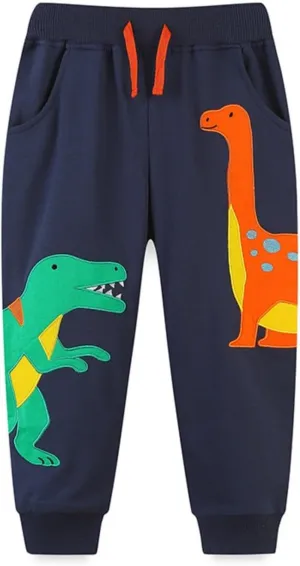 Toddler Baby Boys Sweatpants Kids Funny Dinosaur Embroidered Pull On Jogger Pants Elastic Waist Trouser with Pockets