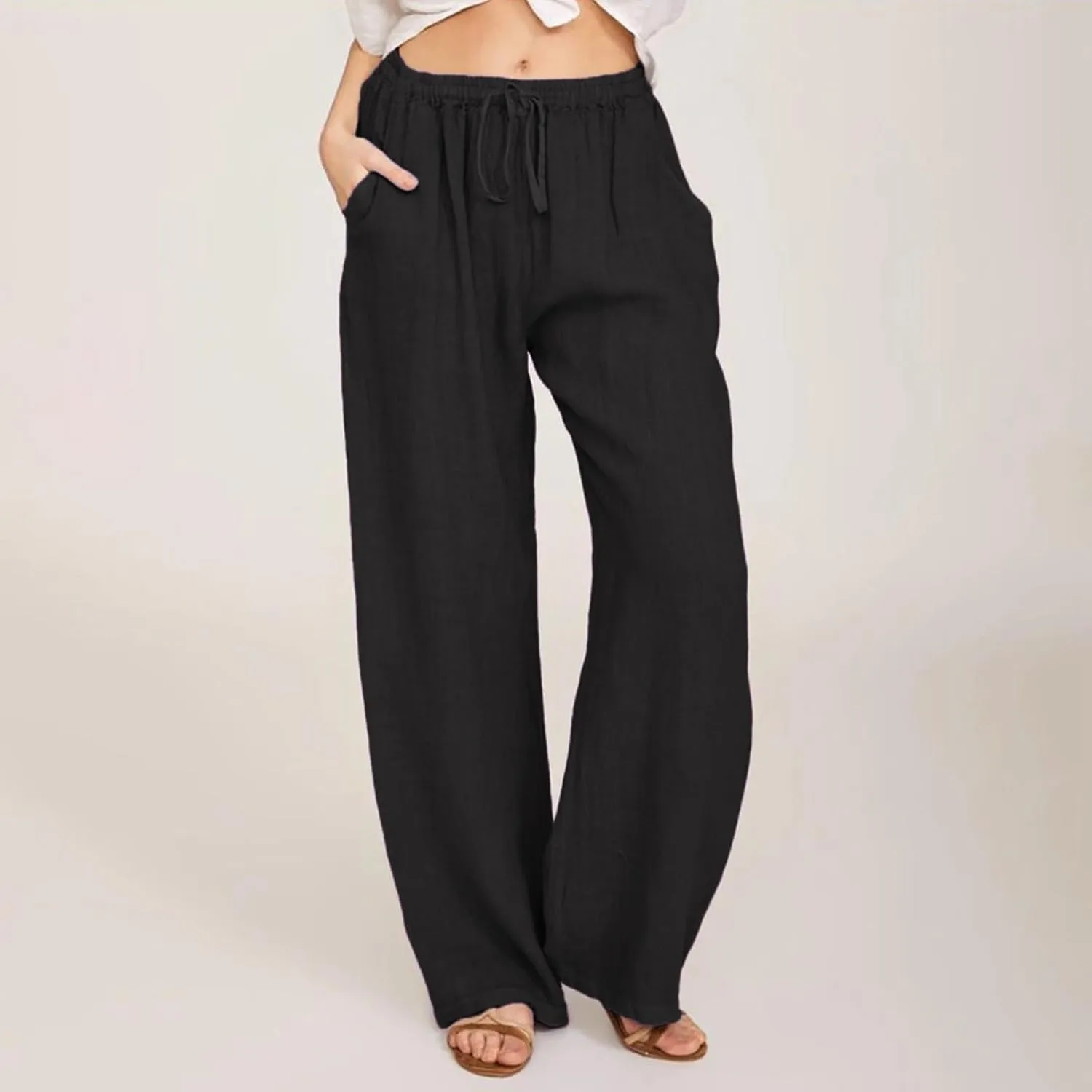Wide Leg Linen Pants for Women Summer Baggy Comfy Palazzo Pants Drawstring Yoga Pants Casual Beach Pants with Pocket
