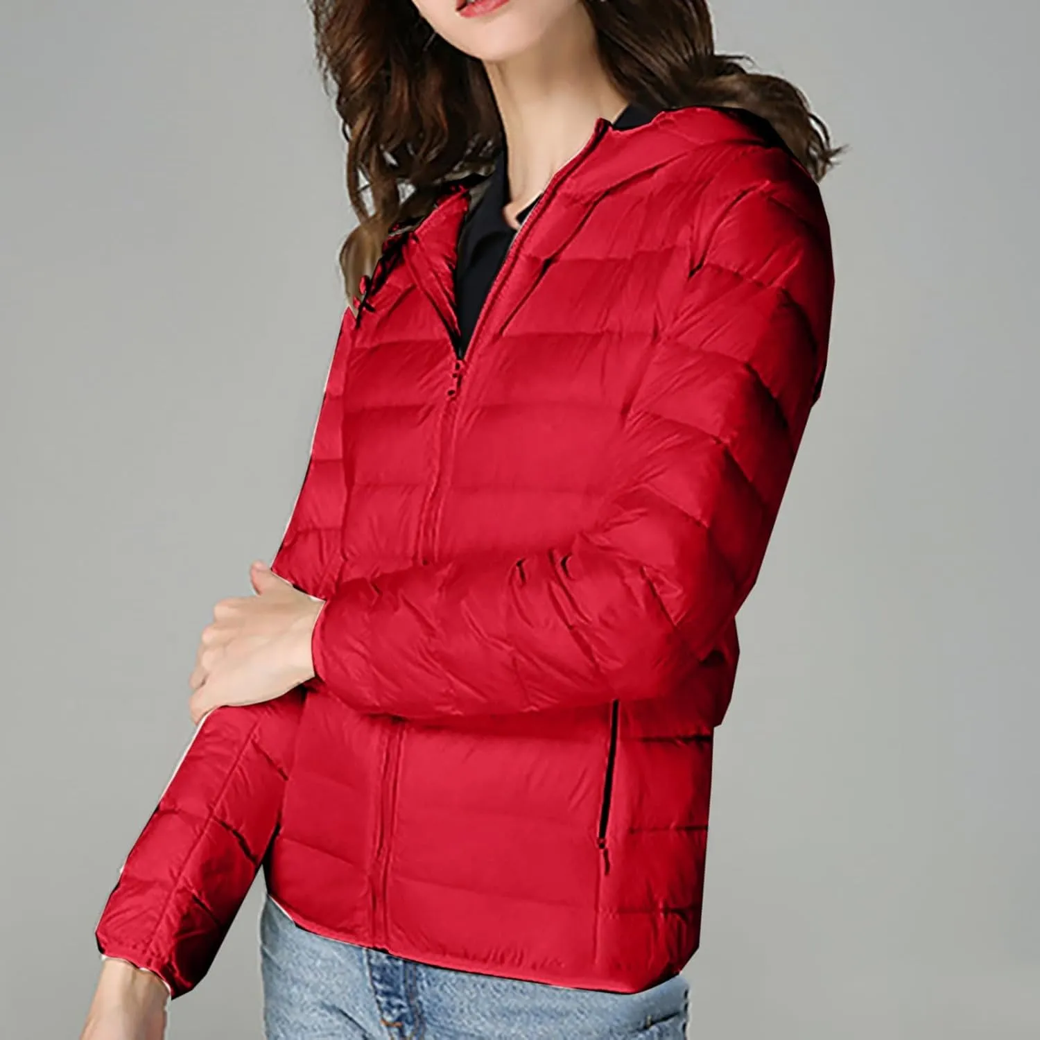 Winter Cropped Puffer Jacket for Women Fashion Slim Long Sleeve Hooded Quilted Coat Lightweight Thermal Workout Outwear