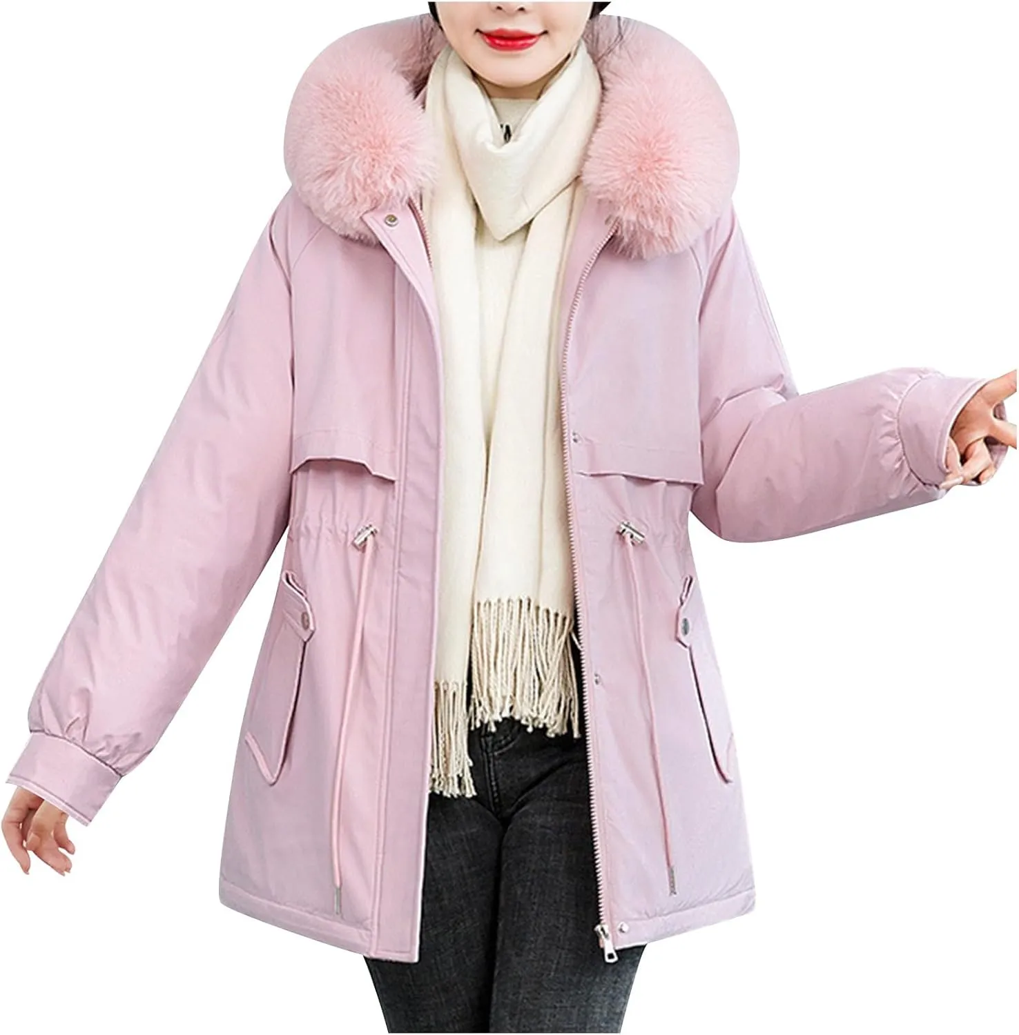 Winter Down Coats for Women Fleece Lined Warm Puffer Jacket Fashion Down Coat Button Padded Outerwear with Fur Hood