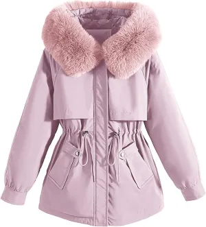 Winter Down Coats for Women Fleece Lined Warm Puffer Jacket Fashion Down Coat Button Padded Outerwear with Fur Hood