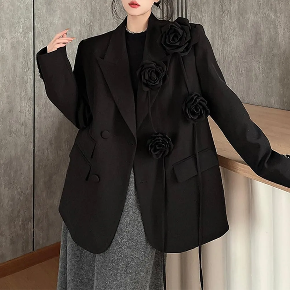 Women Black Oversized Lapel Blazers Flower Party Blazer