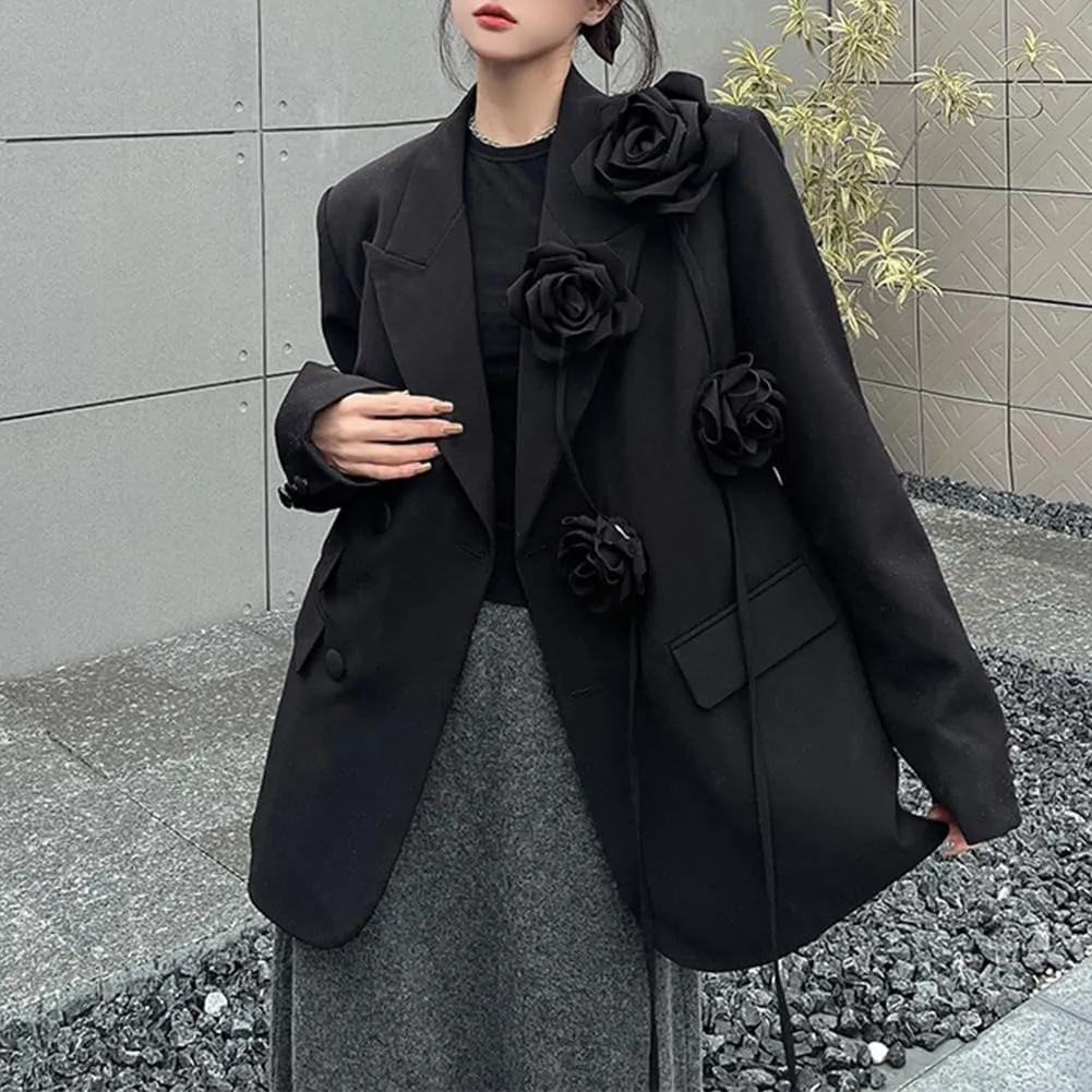 Women Black Oversized Lapel Blazers Flower Party Blazer
