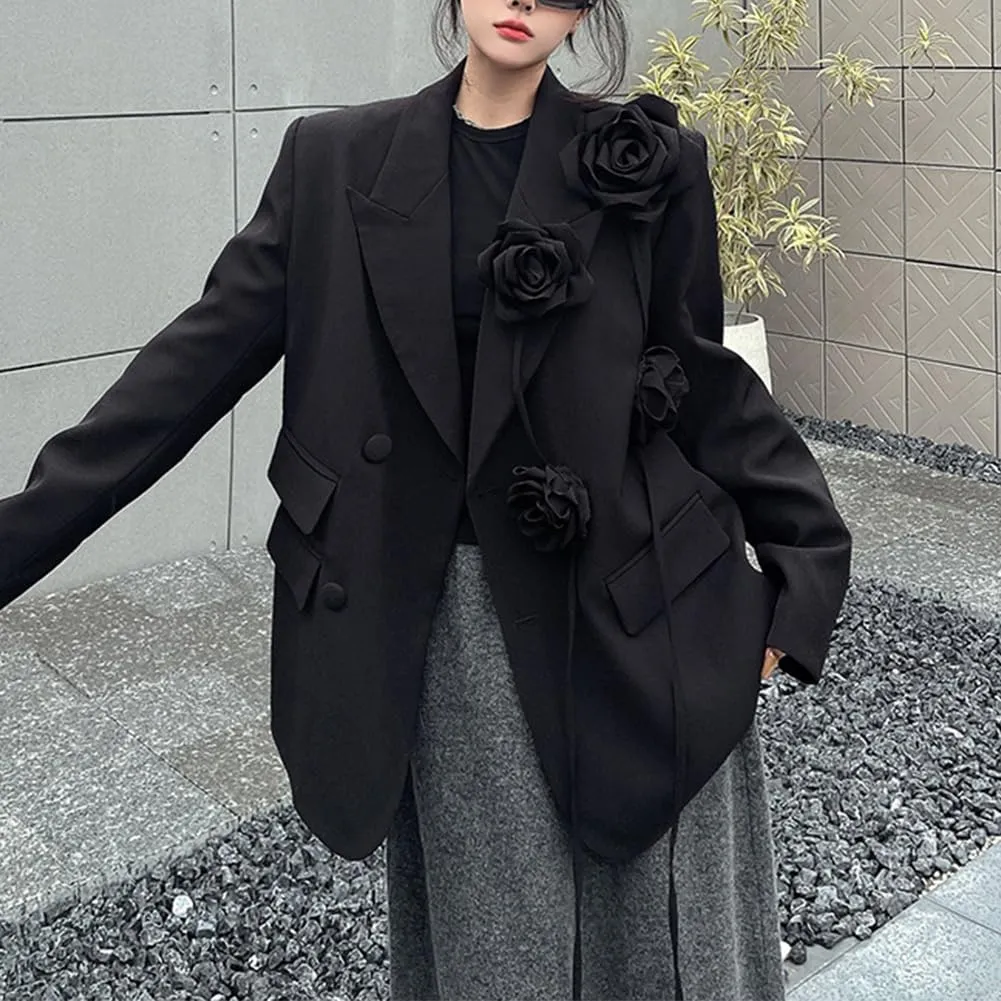 Women Black Oversized Lapel Blazers Flower Party Blazer