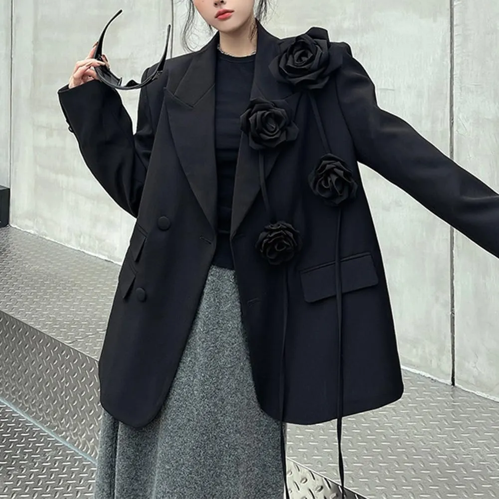 Women Black Oversized Lapel Blazers Flower Party Blazer